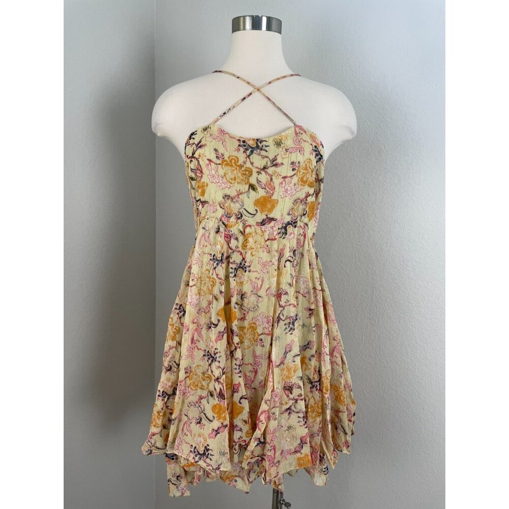 NEW $185 Raga Womens Large Criss Cross Mini Dress Sleeveless Metallic Floral
